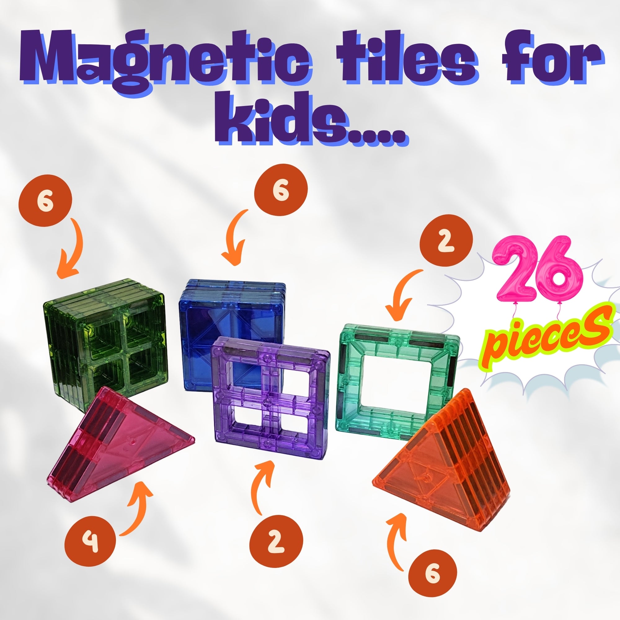 Magnetic Building Tiles for Kids || 26 Pieces || Multicolor Magnetic Construction Blocks for 3to 10 Years kids