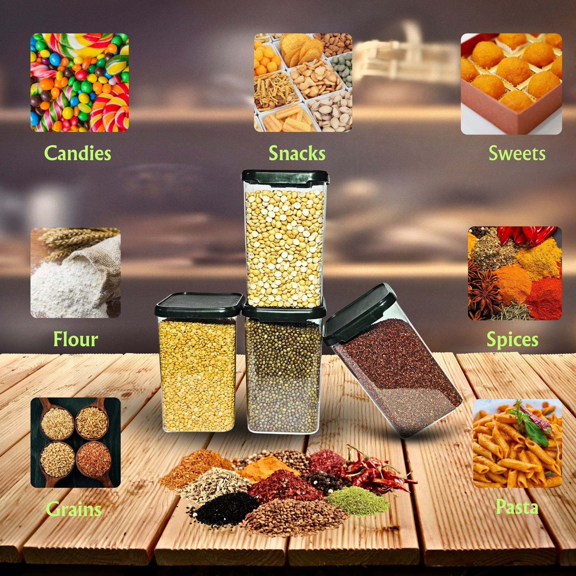 Airtight Kitchen Storage Containes (Pack Of 6, Black, 1100 ml, Plastic)