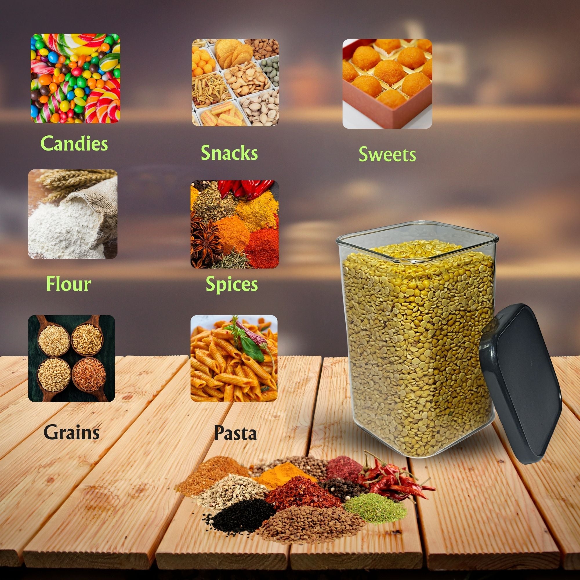 Airtight Kitchen Storage Containes (Pack Of 6, Black, 1100 ml, Plastic)
