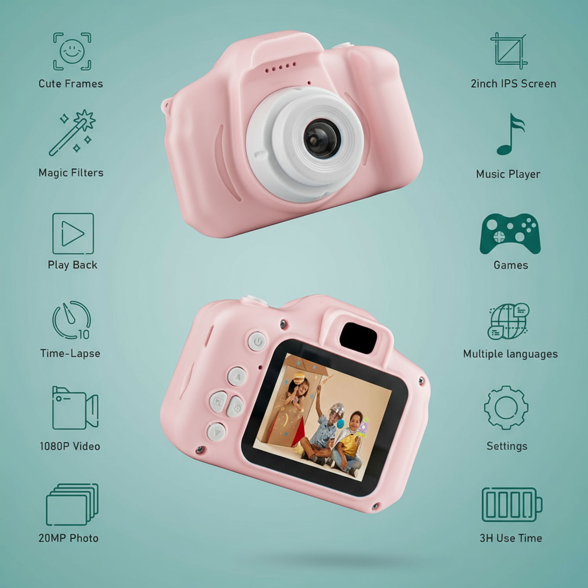 Pink Digital Camera for Kids | 2"LCD Screen | Rechargeable Toy | Photo & Video