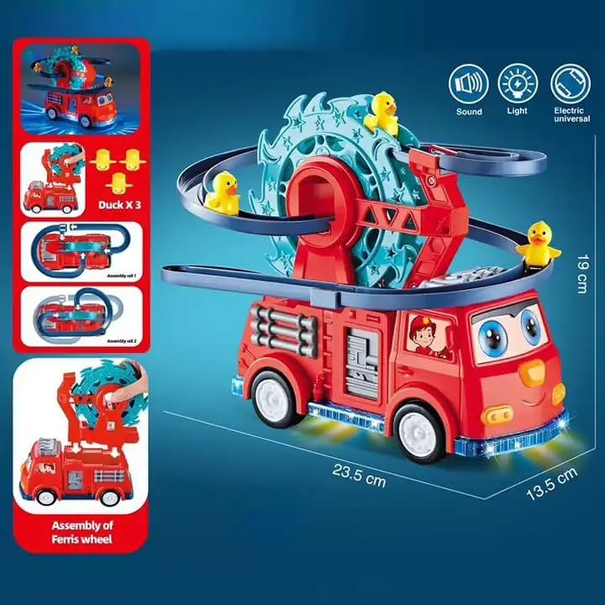 Fire Rail Car Duck Swivel Slide, Funny Automatic Stair-Climbing Ducklings Cartoon Race Track Set Little Lovely Duck Slide Toy Escalator with Lights and Music 3 Duck Included