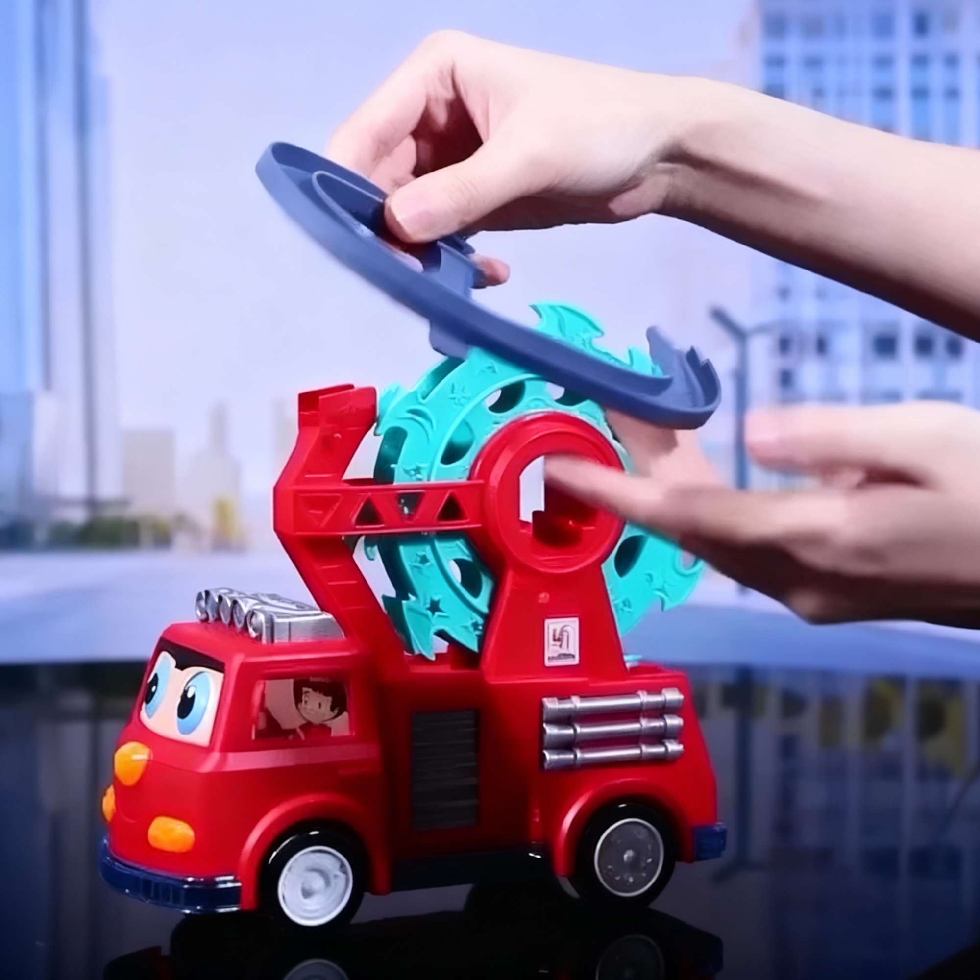 Fire Rail Car Duck Swivel Slide, Funny Automatic Stair-Climbing Ducklings Cartoon Race Track Set Little Lovely Duck Slide Toy Escalator with Lights and Music 3 Duck Included