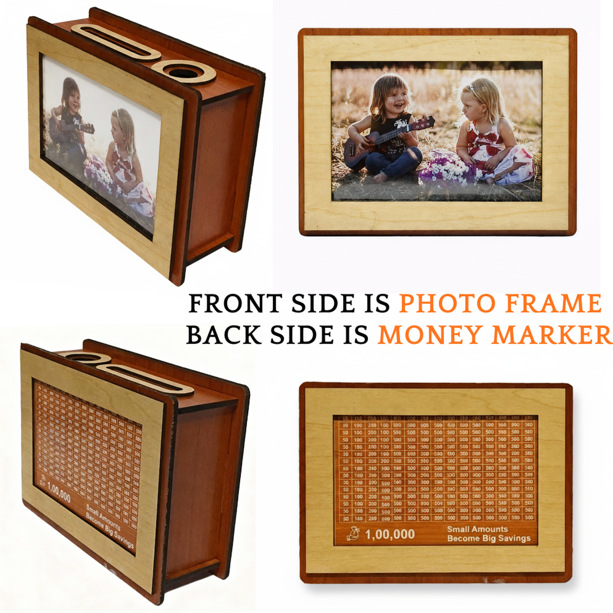 Wooden Money Bank | Piggy Bank Savings Box With Photo Frame for Kids & Adults