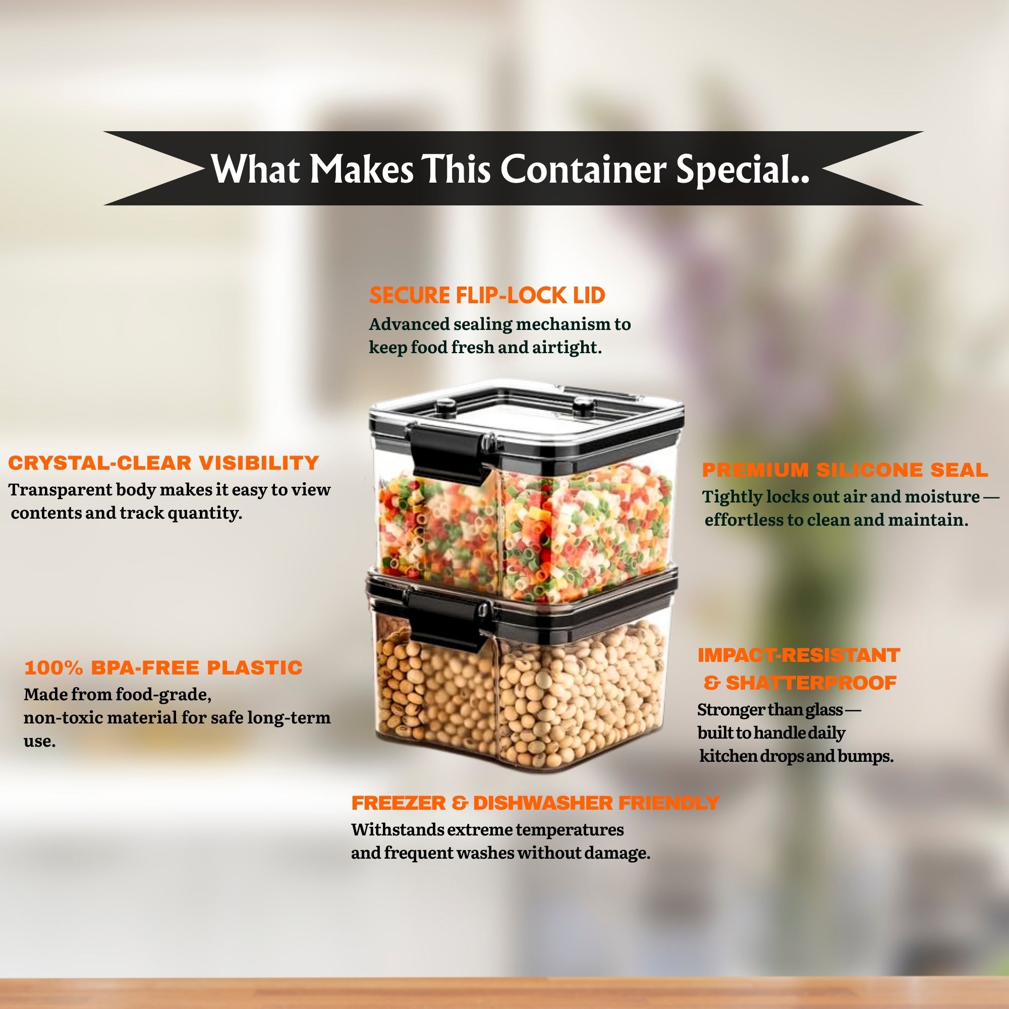 Lock And Unlock Airtight Plastic Kitchen Storage  Containers Set 400 ml (Black, Pack of 6)