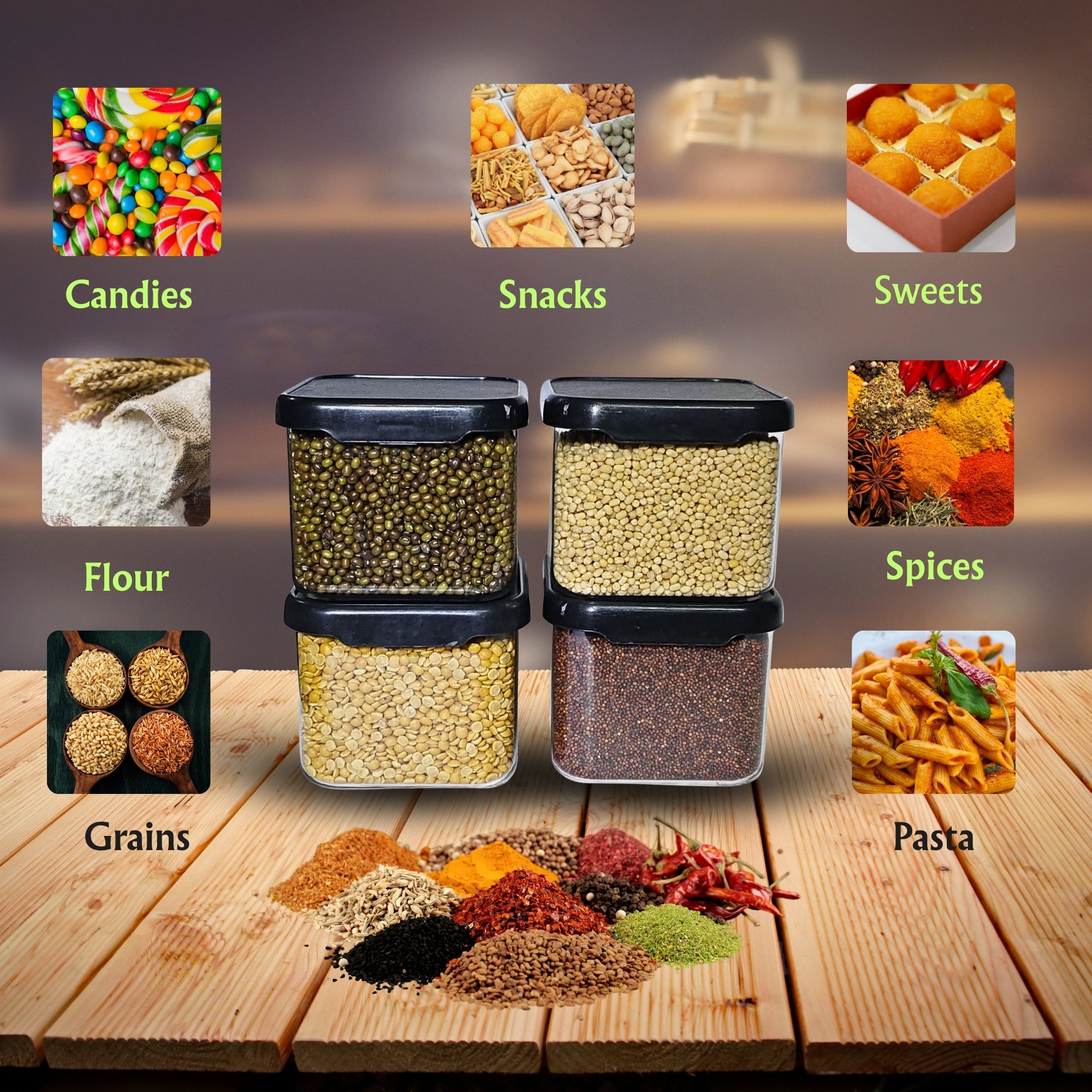 Airtight Plastic Storage Containers Set 500 ml (Black, Pack of 6)