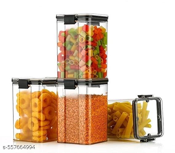 Lock And Unlock Airtight Plastic Kitchen Storage Square Container Set for Kitchen Storage - 1100ml Containers | Unbreakable & Air-Tight Design | Container & Containers Set (Black, Pack of 4)