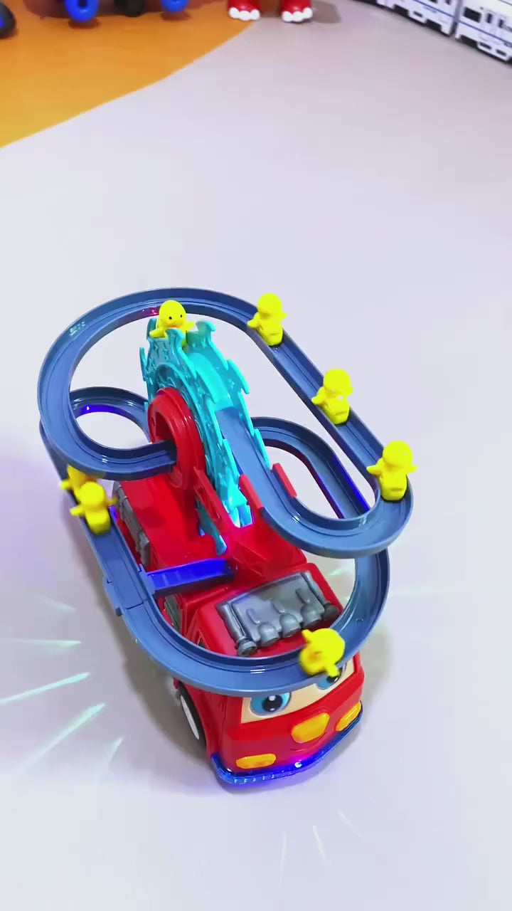 Fire Rail Car Duck Swivel Slide, Funny Automatic Stair-Climbing Ducklings Cartoon Race Track Set Little Lovely Duck Slide Toy Escalator with Lights and Music 3 Duck Included