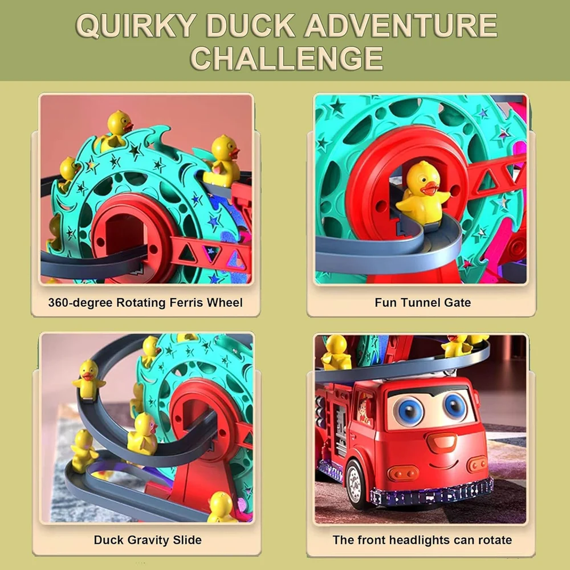 Fire Rail Car Duck Swivel Slide, Funny Automatic Stair-Climbing Ducklings Cartoon Race Track Set Little Lovely Duck Slide Toy Escalator with Lights and Music 3 Duck Included