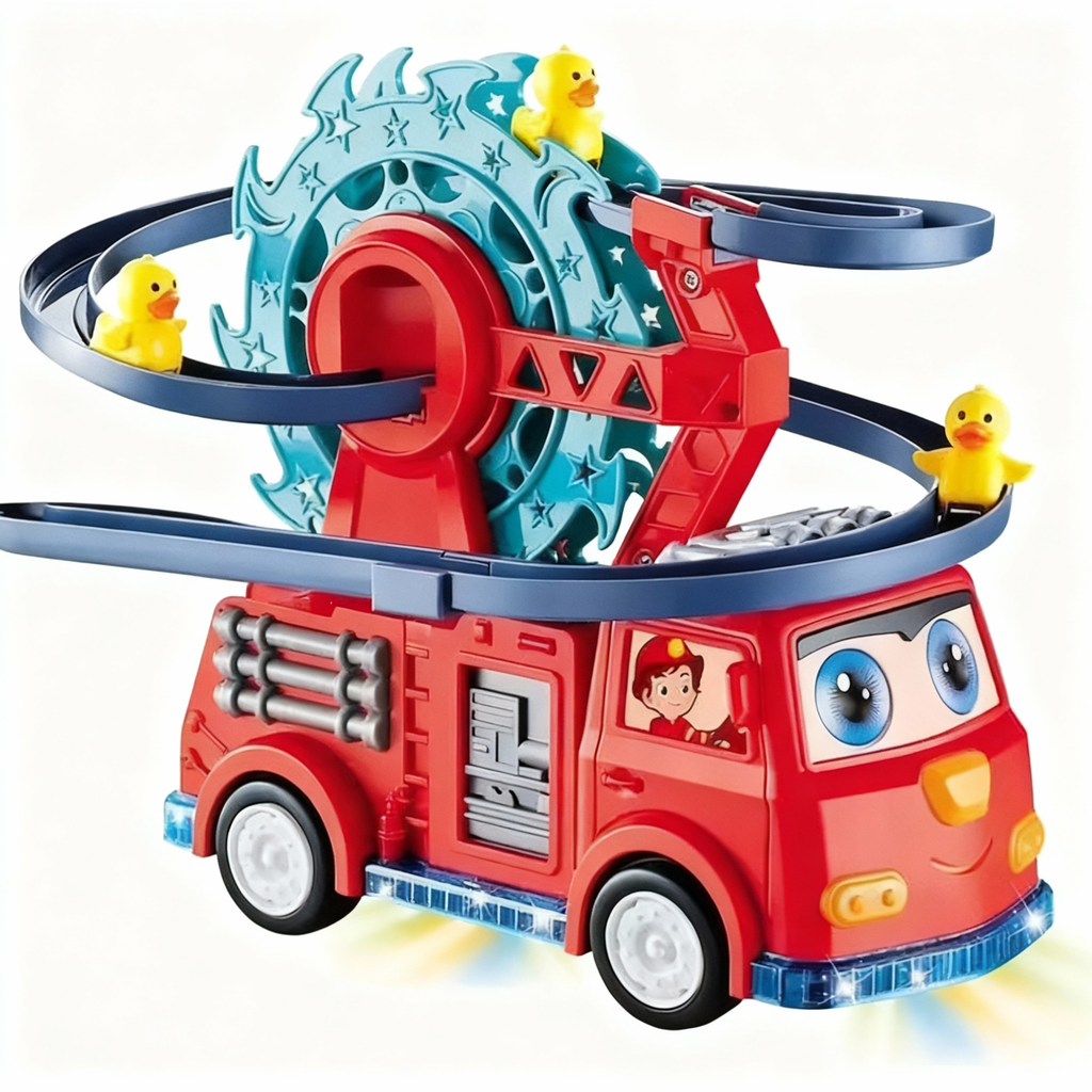 Fire Rail Car Duck Swivel Slide, Funny Automatic Stair-Climbing Ducklings Cartoon Race Track Set Little Lovely Duck Slide Toy Escalator with Lights and Music 3 Duck Included