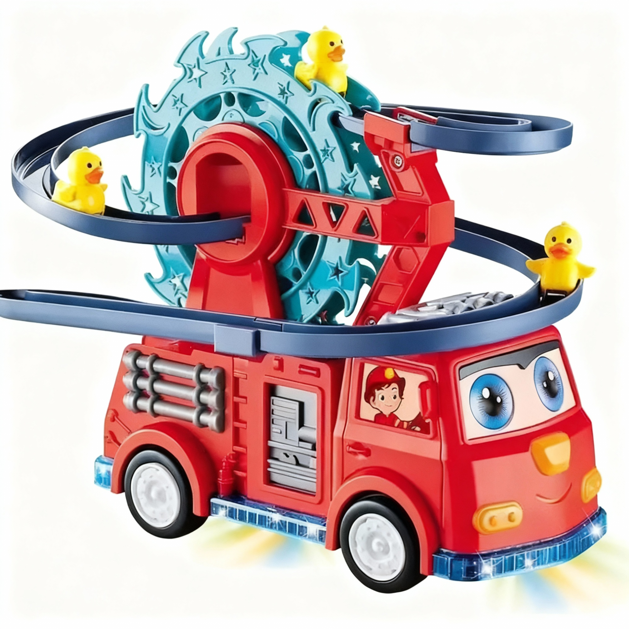 Fire Rail Car Duck Swivel Slide, Funny Automatic Stair-Climbing Ducklings Cartoon Race Track Set Little Lovely Duck Slide Toy Escalator with Lights and Music 3 Duck Included