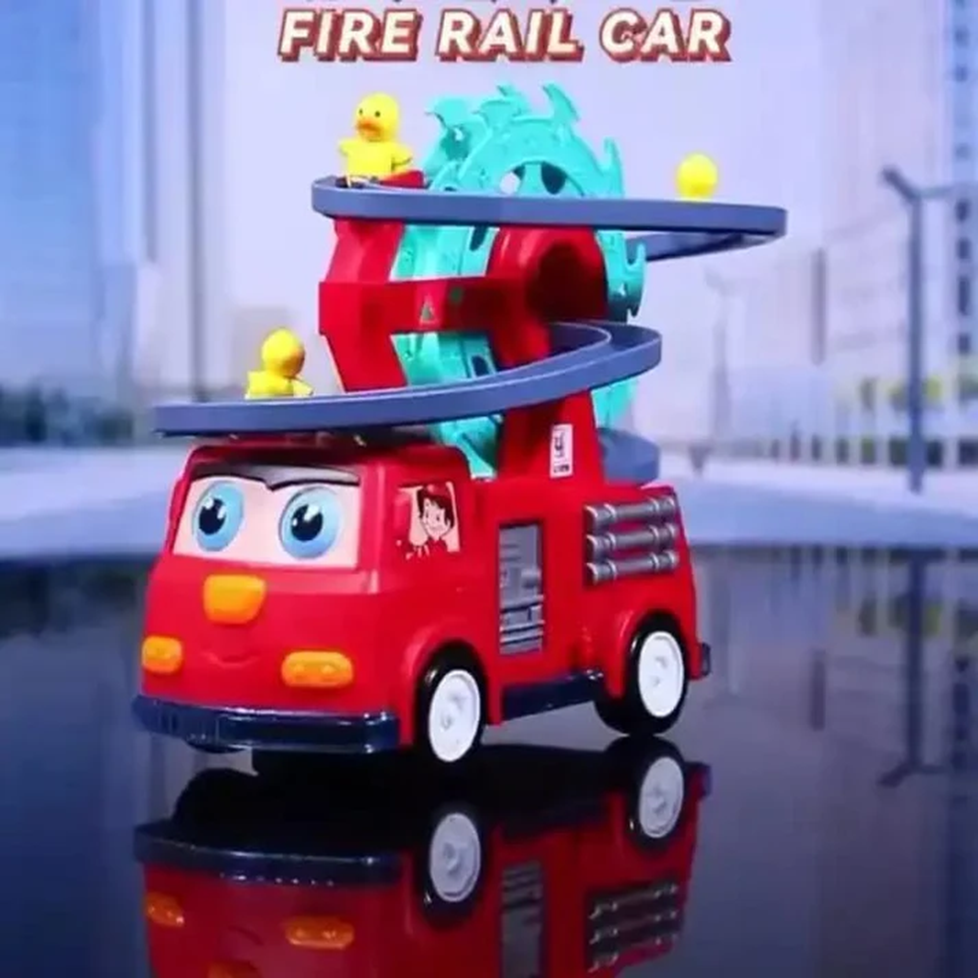 Fire Rail Car Duck Swivel Slide, Funny Automatic Stair-Climbing Ducklings Cartoon Race Track Set Little Lovely Duck Slide Toy Escalator with Lights and Music 3 Duck Included