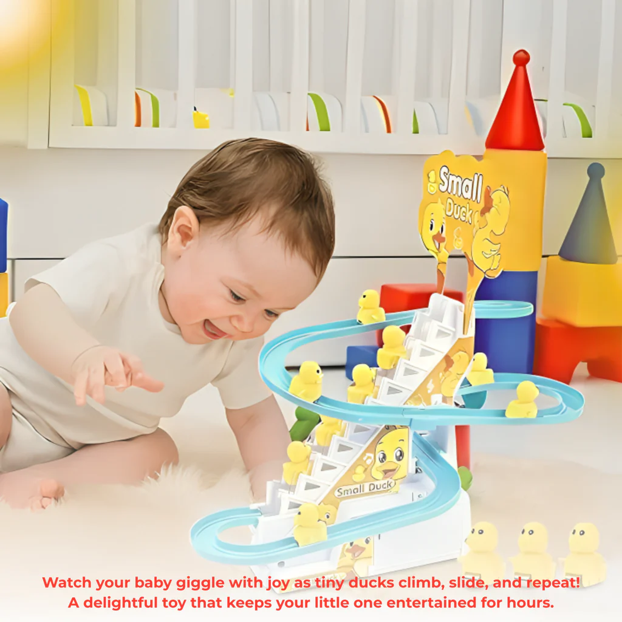 Ducks Slide Toys for Kids - Ducks Chasing Race Slide Game Set - Small Ducks Stair Climbing Toys for Kids, Escalator Toy with Lights and Music - 3 Duck Included (Ducks Slide)