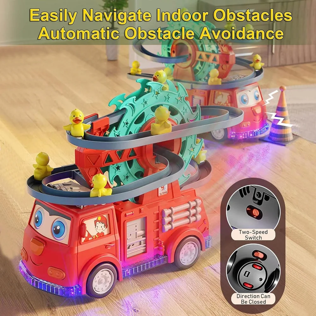 Fire Rail Car Duck Swivel Slide, Funny Automatic Stair-Climbing Ducklings Cartoon Race Track Set Little Lovely Duck Slide Toy Escalator with Lights and Music 3 Duck Included