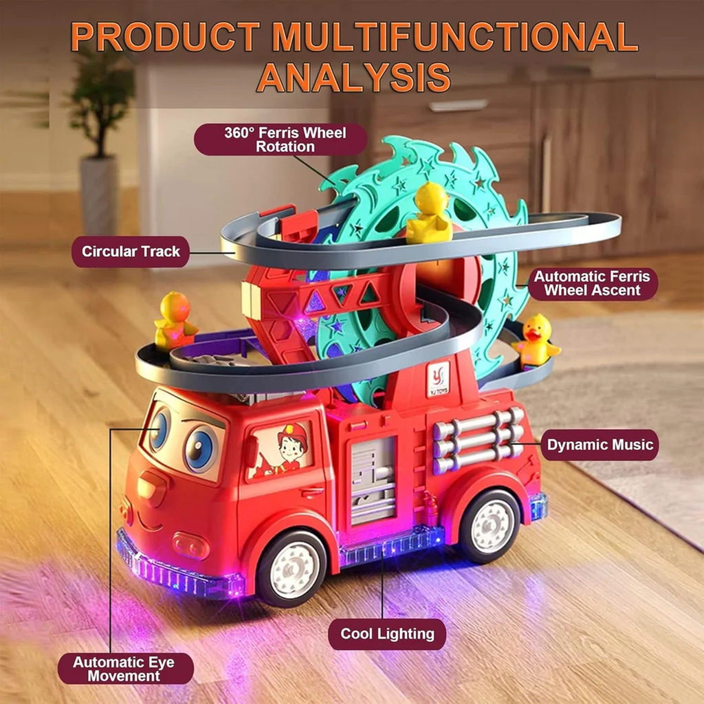 Fire Rail Car Duck Swivel Slide, Funny Automatic Stair-Climbing Ducklings Cartoon Race Track Set Little Lovely Duck Slide Toy Escalator with Lights and Music 3 Duck Included