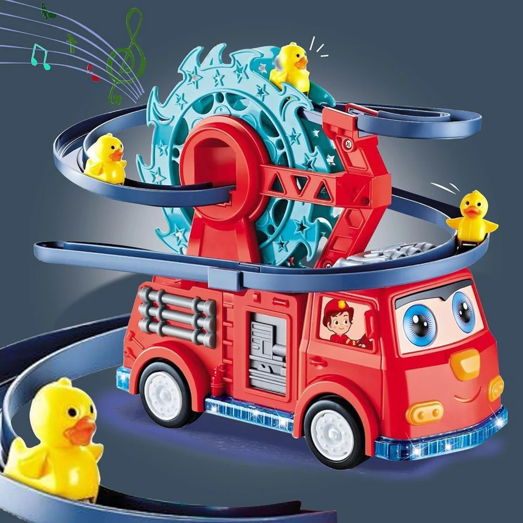 Fire Rail Car Duck Swivel Slide, Funny Automatic Stair-Climbing Ducklings Cartoon Race Track Set Little Lovely Duck Slide Toy Escalator with Lights and Music 3 Duck Included